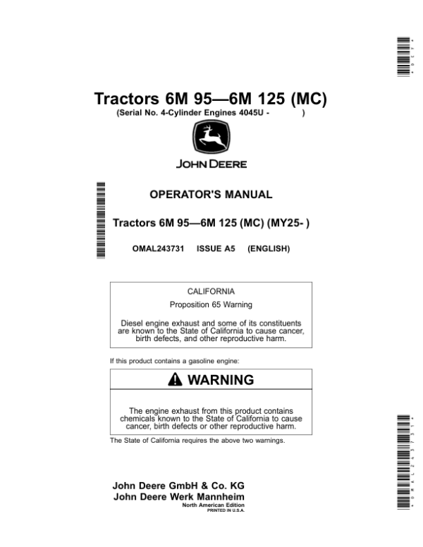John Deere Tractors 6M 95—6M 125 (MC) Operator’s Manual (OMAL243731) Workshop Guide