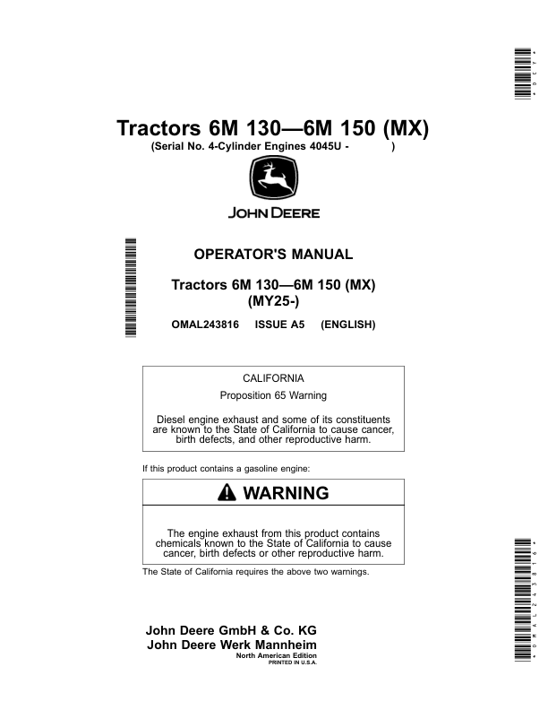John Deere Tractors 6M 130—6M 150 (MX) Operator’s Manual (OMAL243816) Workshop Guide