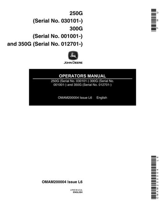 John Deere 250G ( 030101-), 300G (001001-), 350G (012701-)Gas Trimmer (Subs with OMM122063) Operator’s Manual (OMAM200004) Workshop Guide