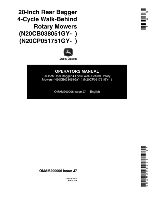 John Deere 20 Inch Walk-Behind Rotary Mowers Operator’s Manual (OMAM200006) Workshop Guide