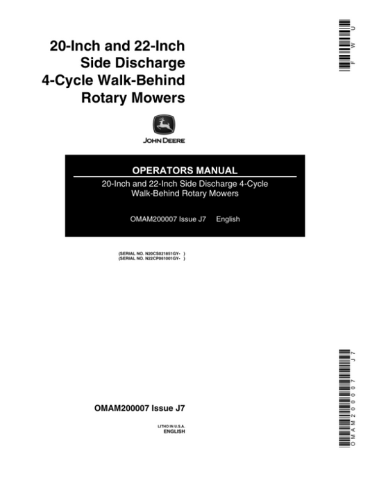 John Deere 20, 22- Inch Side Discharge Rotary Mowers Operator’s Manual (OMAM200007) Workshop Guide