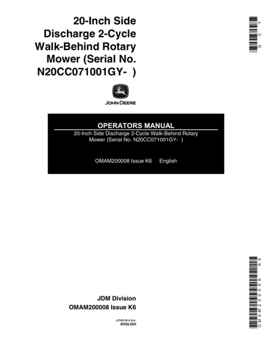 John Deere 20 Inch Walk-Behind Rotary Mower Operator’s Manual (OMAM200008) Workshop Guide