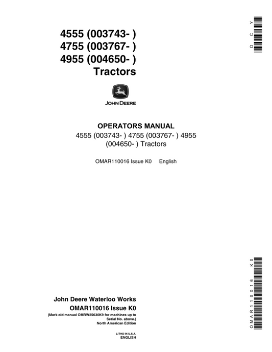 John Deere 4555, 4755, 4955 Tractors Operator’s Manual (OMAR110016) Workshop Guide