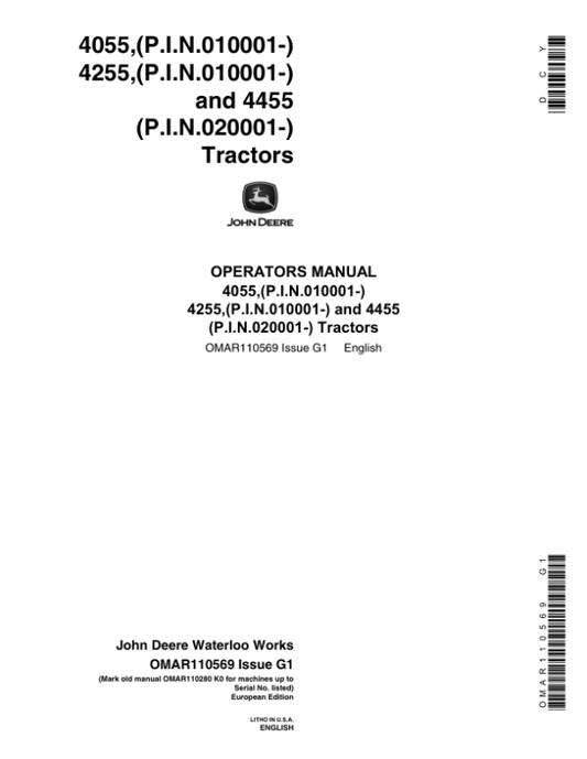 John Deere OP MAN,4055,4255,4455 Tractors(EUR) Operator’s Manual (OMAR110569) Workshop Guide