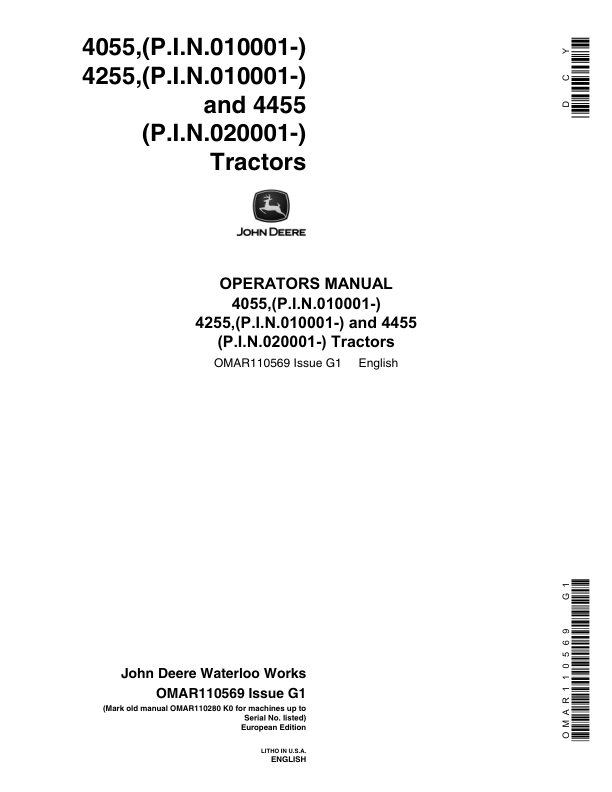 John Deere OP MAN,4055,4255,4455 Tractors(EUR) Operator’s Manual (OMAR110569) Workshop Guide