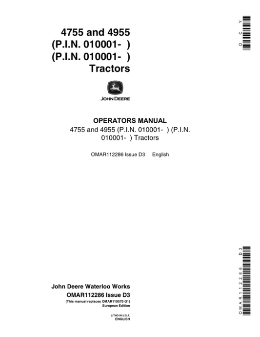 John Deere 4755, 4955 Tractors Operator’s Manual (OMAR112286) Workshop Guide