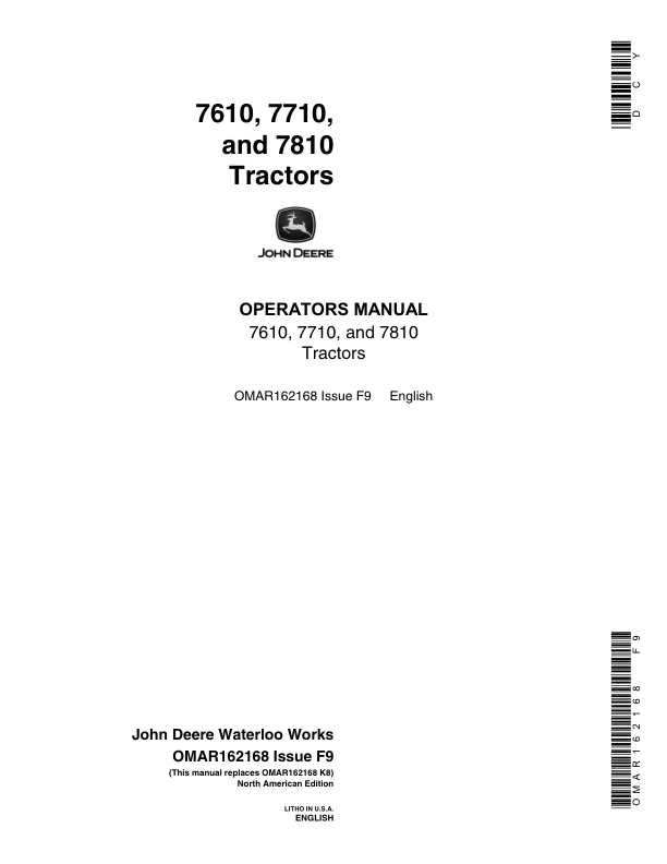 John Deere 7610, 7710, 7810 2WD or MFWD Tractors Repair Technical Manual Workshop Guide