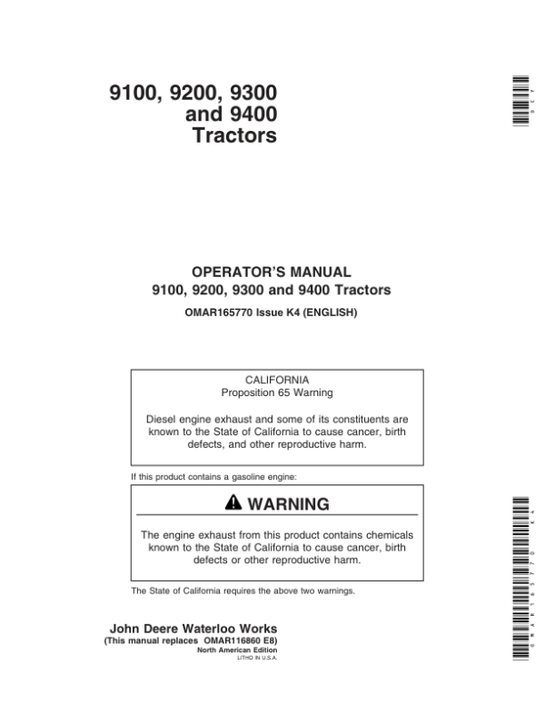 John Deere 9100, 9200, 9300, 9400 Tractors (-030000) Operator’s Manual (OMAR165770) Workshop Guide