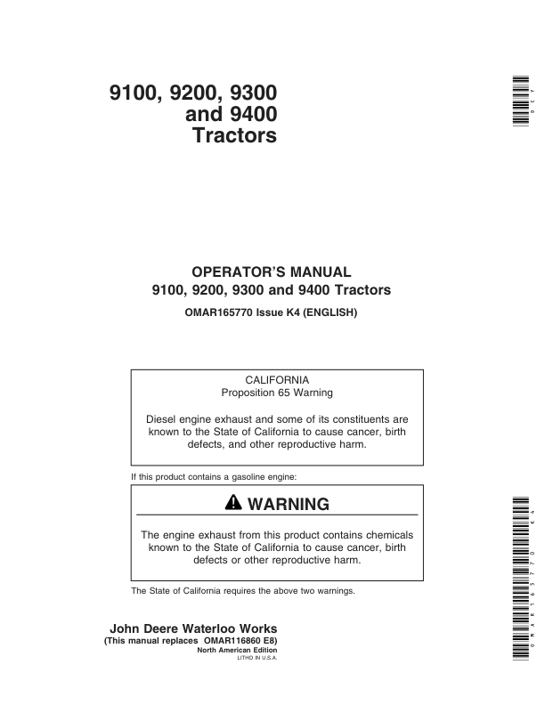 John Deere 9100, 9200, 9300, 9400 Tractors (-030000) Operator’s Manual (OMAR165770) Workshop Guide