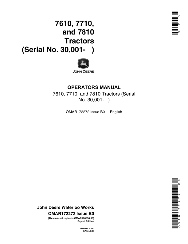 John Deere 7610, 7710, 7810 Tractors Operator’s Manual (OMAR172272) Workshop Guide