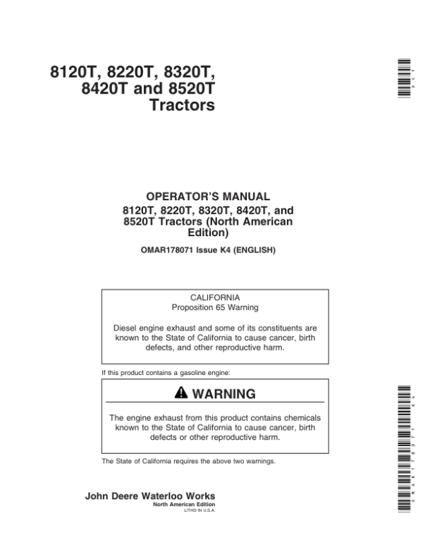 John Deere 8120T, 8220T, 8320T, 8420T & 8520T Tractors (North America Region) Operator’s Manual (OMAR178071) Workshop Guide