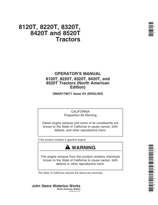 John Deere 8120T, 8220T, 8320T, 8420T & 8520T Tractors (North America Region) Operator’s Manual (OMAR178071) Workshop Guide