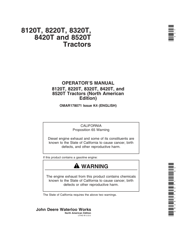 John Deere 8120T, 8220T, 8320T, 8420T & 8520T Tractors (North America Region) Operator’s Manual (OMAR178071) Workshop Guide