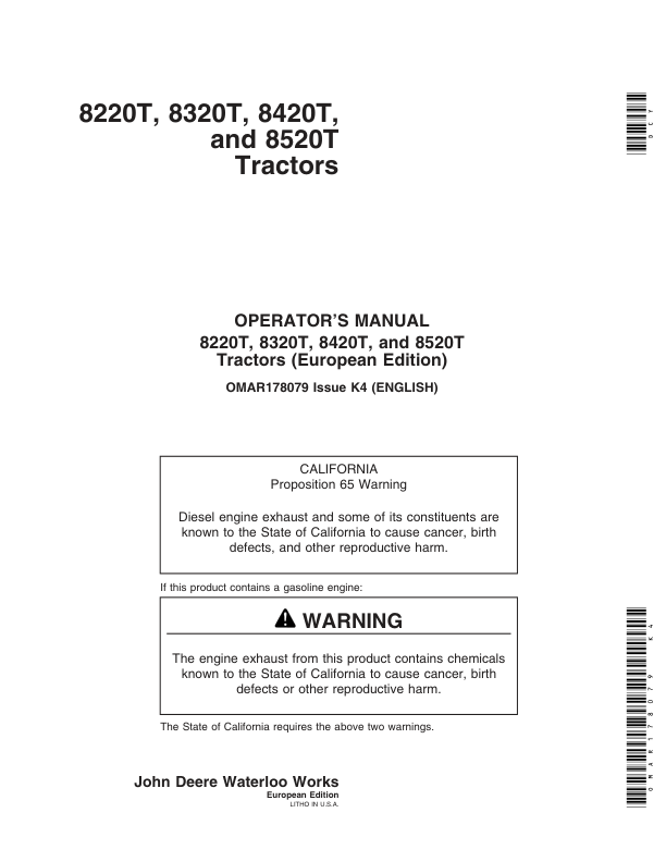 John Deere 8220T, 8320T, 8420T & 8520T Tractors (Europe Region) Operator’s Manual (OMAR178079) Workshop Guide