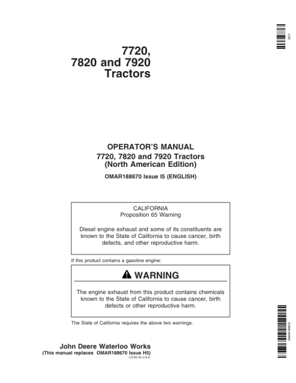 John Deere 7720, 7820, 7920 Tractors Operator’s Manual (OMAR188670) Workshop Guide