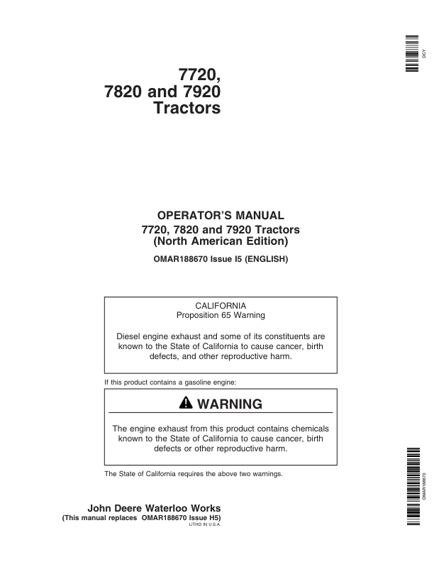John Deere 7720, 7820, 7920 Tractors Operator’s Manual (OMAR188670) Workshop Guide