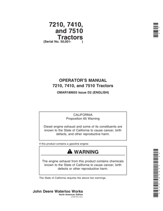 John Deere 7210, 7410, 7510 Tractors (050001-) Operator’s Manual (OMAR189655) Workshop Guide