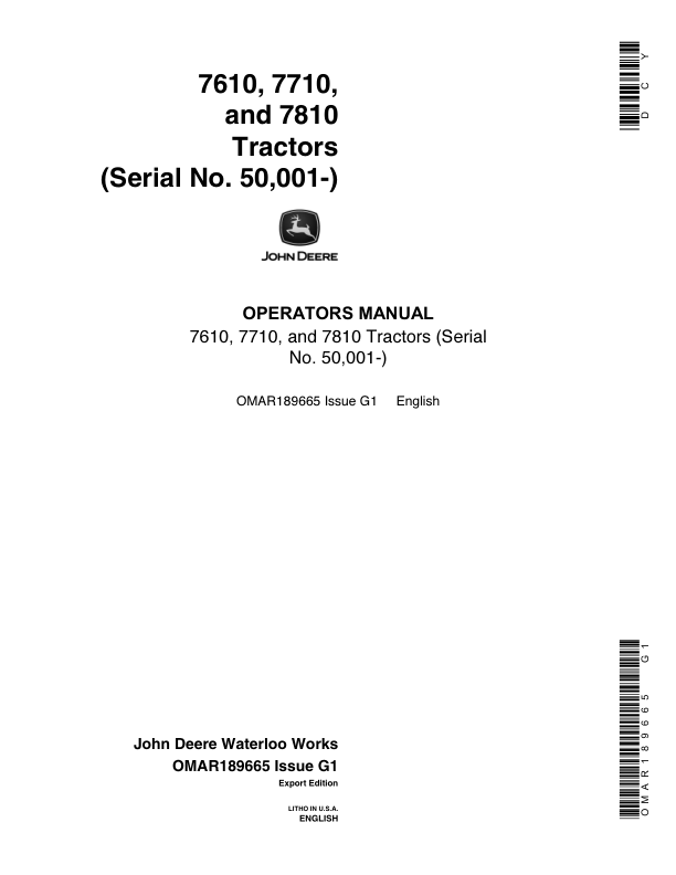 John Deere 7610, 7710, 7810 Tractors Operator’s Manual (OMAR189665) Workshop Guide