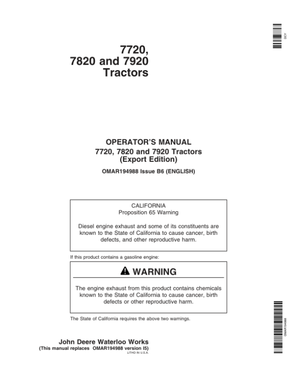 John Deere 7720, 7820, 7920 Tractors Operator’s Manual (OMAR194988) Workshop Guide