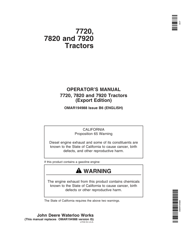 John Deere 7720, 7820, 7920 Tractors Operator’s Manual (OMAR194988) Workshop Guide