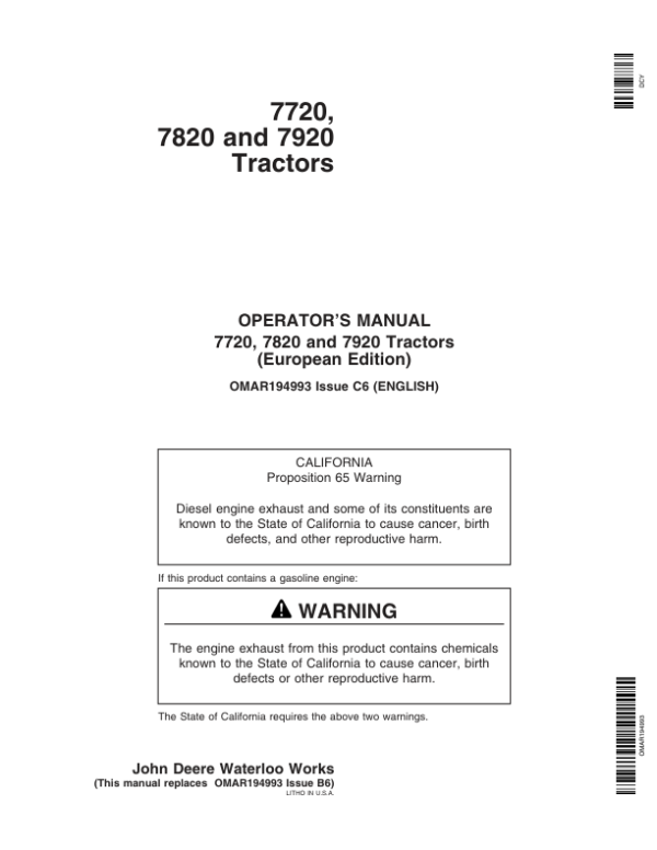 John Deere 7720, 7820, 7920 Tractors Operator’s Manual (OMAR194993) Workshop Guide