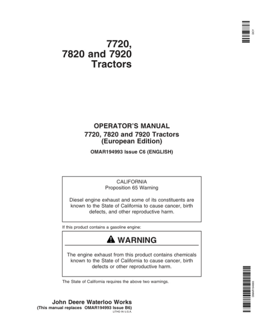 John Deere 7720, 7820, 7920 Tractors Operator’s Manual (OMAR194993) Workshop Guide