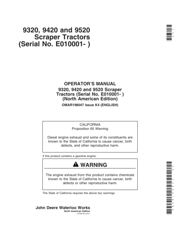 John Deere 9320, 9420, 9520 Scraper Tractors Operator’s Manuals (OMAR198047K4) Workshop Guide