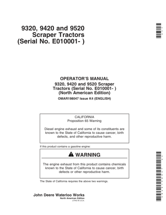 John Deere 9320, 9420, 9520 Scraper Tractors Operator’s Manuals (OMAR198047K4) Workshop Guide