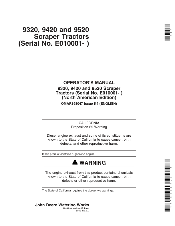 John Deere 9320, 9420, 9520 Scraper Tractors Operator’s Manuals (OMAR198047K4) Workshop Guide