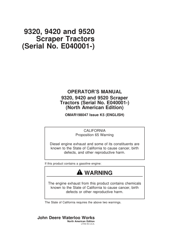 John Deere 9320, 9420, 9520 Scraper Tractors Operator’s Manuals (OMAR198047) Workshop Guide