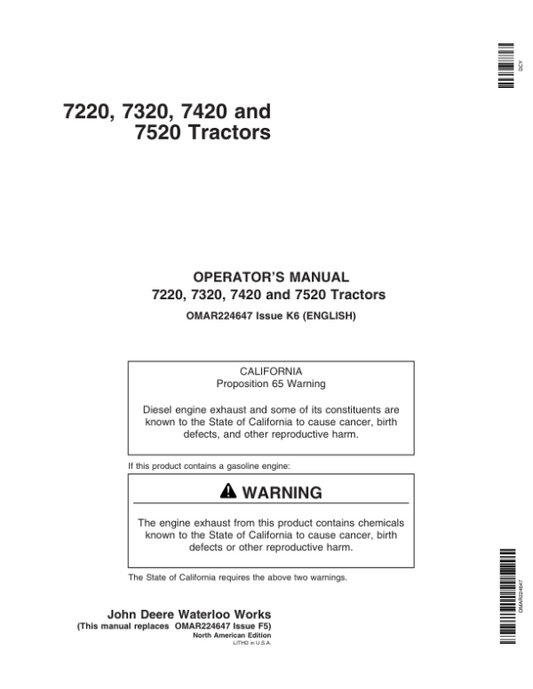 John Deere 7220, 7320, 7420, 7520 Tractors Operator’s Manual (OMAR224647) Workshop Guide