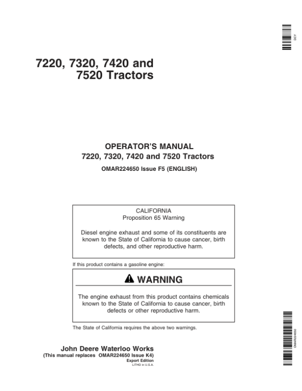 John Deere 7220, 7320, 7420, 7520 Tractors Operator’s Manual (OMAR224650) Workshop Guide