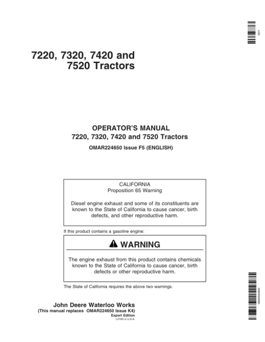 John Deere 7220, 7320, 7420, 7520 Tractors Operator’s Manual (OMAR224650) Workshop Guide