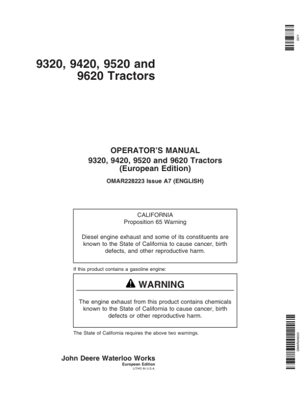 John Deere 9320, 9420, 9520, 9620 Tractors Operator’s Manual (OMAR228223) Workshop Guide