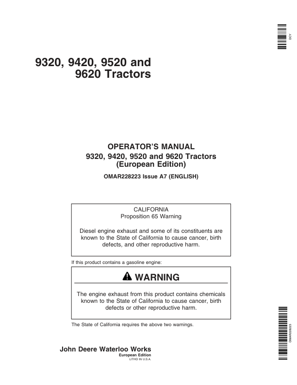 John Deere 9320, 9420, 9520, 9620 Tractors Operator’s Manual (OMAR228223) Workshop Guide