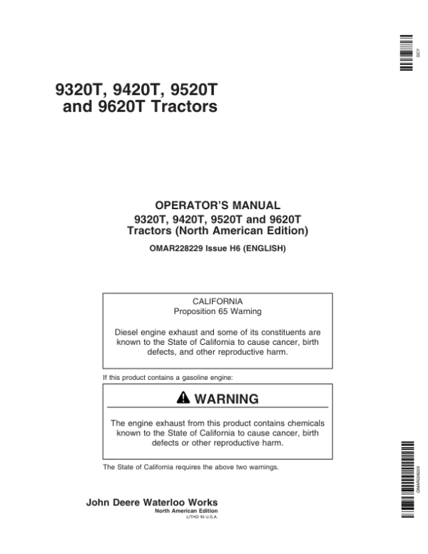 John Deere 9320T, 9420T, 9520T, 9620T Tractors Operator’s Manual (OMAR228229) Workshop Guide