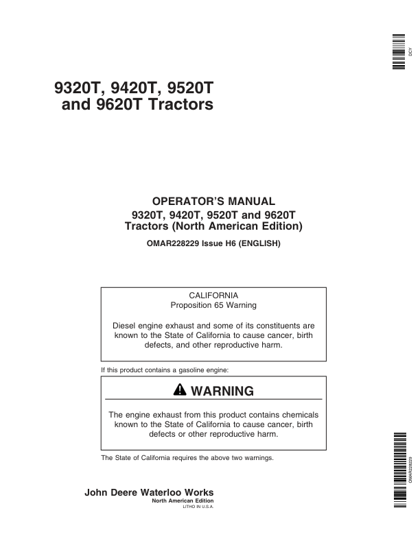John Deere 9320T, 9420T, 9520T, 9620T Tractors Operator’s Manual (OMAR228229) Workshop Guide