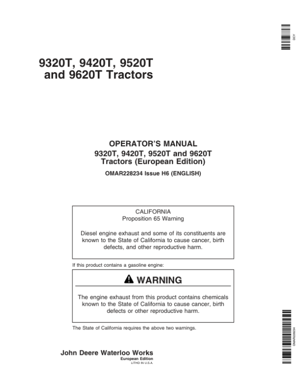 John Deere 9320T, 9420T, 9520T, 9620T Tractors Operator’s Manual (OMAR228234) Workshop Guide