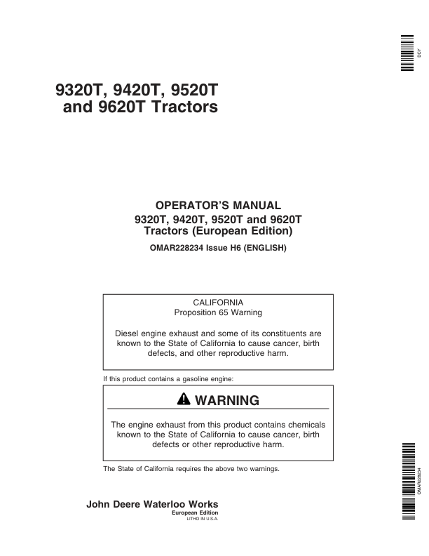 John Deere 9320T, 9420T, 9520T, 9620T Tractors Operator’s Manual (OMAR228234) Workshop Guide