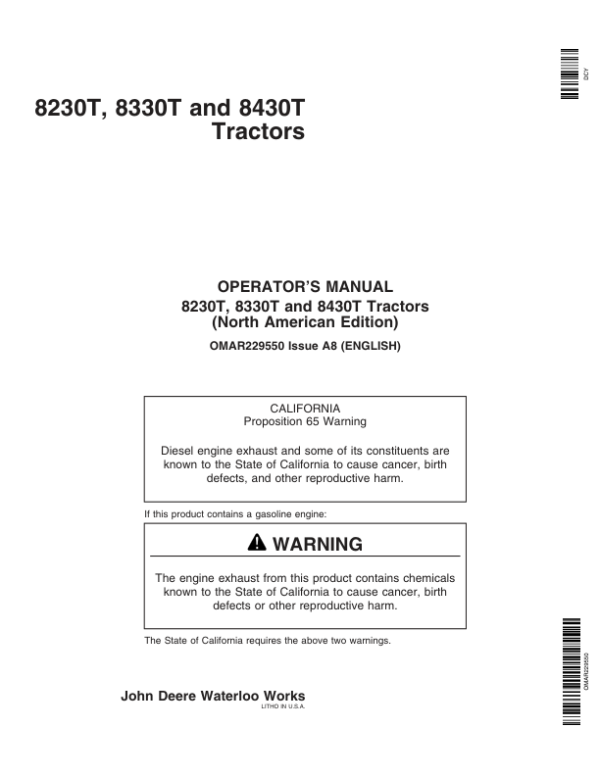 John Deere 8230T, 8330T, 8430T Row-Crop Tractors Operator’s Manual (OMAR229550) Workshop Guide