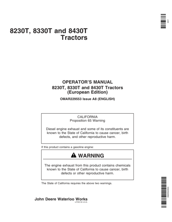 John Deere 8230T, 8330T, 8430T Row-Crop Tractors Operator’s Manual (OMAR229553) Workshop Guide