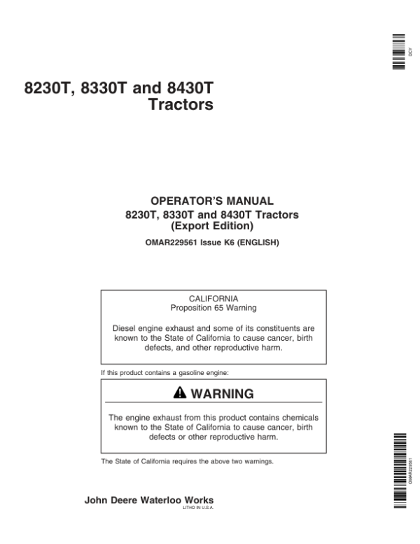 John Deere 8230T, 8330T, 8430T Row-Crop Tractors Operator’s Manual (OMAR229561) Workshop Guide