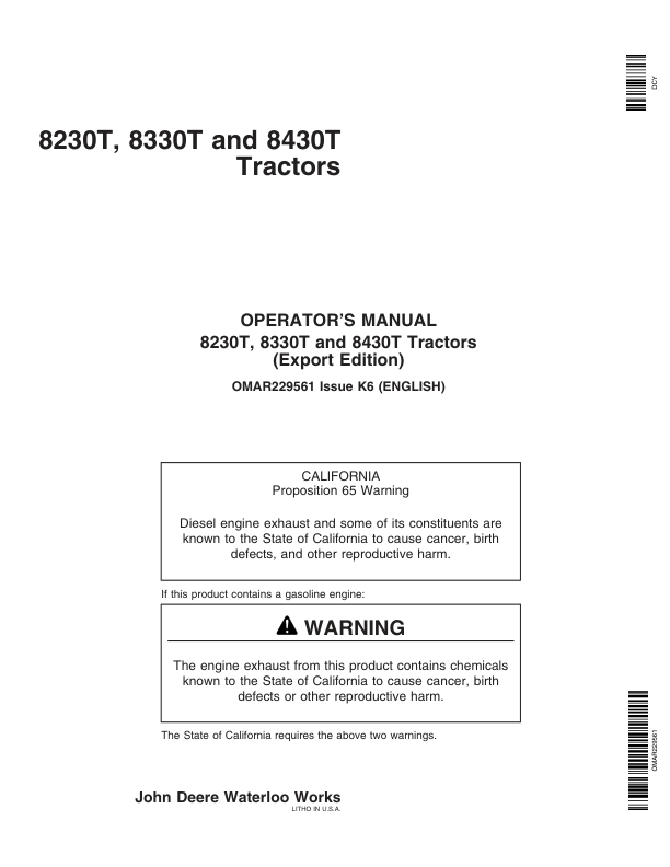 John Deere 8230T, 8330T, 8430T Row-Crop Tractors Operator’s Manual (OMAR229561) Workshop Guide
