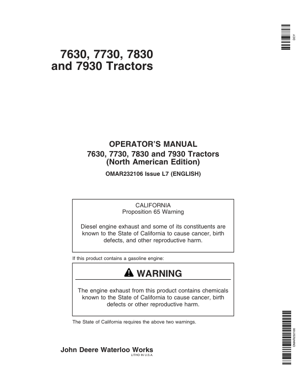 John Deere 7630, 7730, 7830 & 7930 Tractors North America (000001-019999) Operator’s Manual (OMAR232106) Workshop Guide