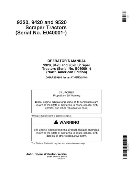 John Deere 9320, 9420, 9520 Scraper Tractors (E040001-) Operator’s Manual (OMAR259881) Workshop Guide