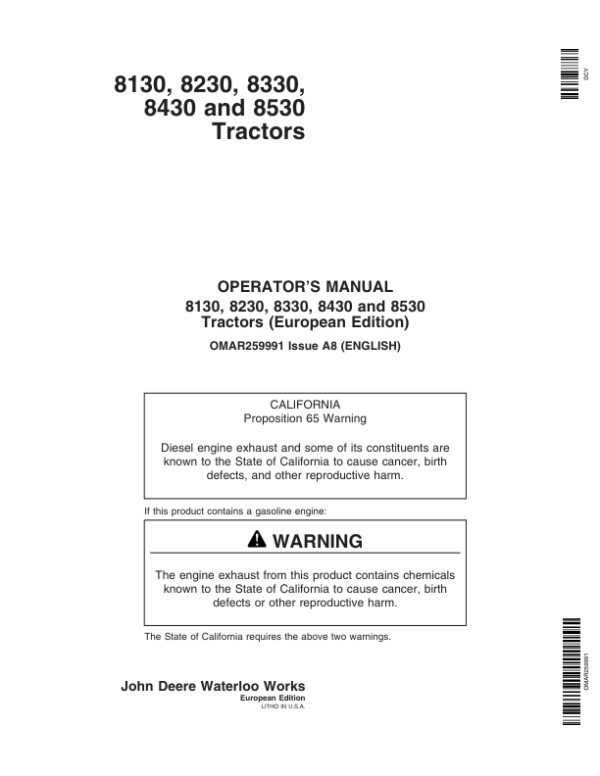John Deere 8130, 8230, 8330, 8430, 8530 Tractors Operator’s Manual (OMAR259991) Workshop Guide