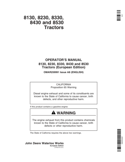John Deere 8130, 8230, 8330, 8430, 8530 Tractors Operator’s Manual (OMAR259991) Workshop Guide