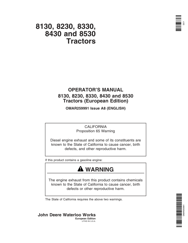 John Deere 8130, 8230, 8330, 8430, 8530 Tractors Operator’s Manual (OMAR259991) Workshop Guide