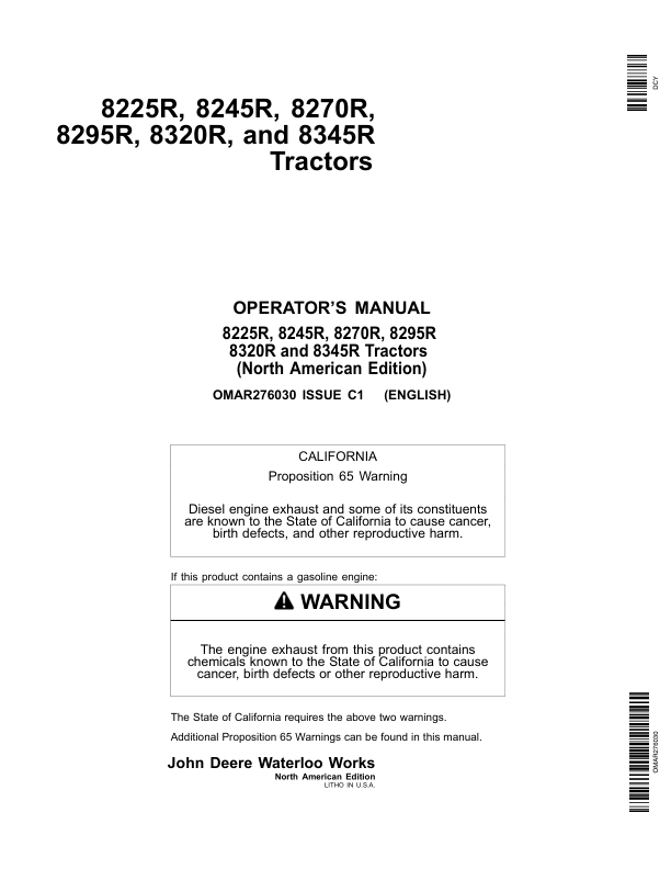 John Deere 8225R, 8245R, 8270R, 8295R, 8320R & 8345R Tractors North America Operator’s Manual (OMAR276030) Workshop Guide