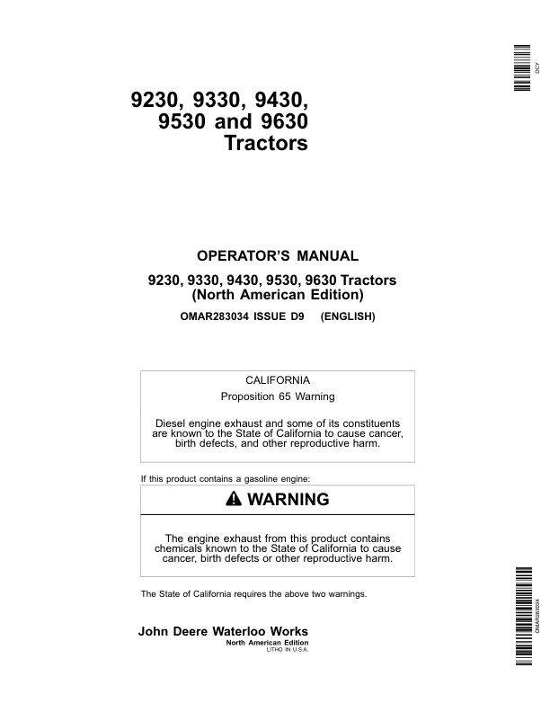 John Deere 9230, 9330, 9430, 9530 & 9630 Tractors Operator’s Manual (OMAR283034) Workshop Guide